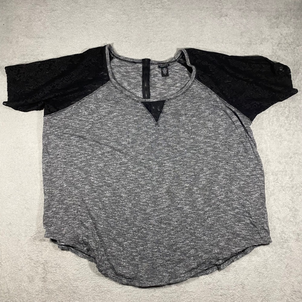 Torrid Lace Sleeve Top Womens 3 Grey Black Raglan Zipper Back Knit Scoop Neck